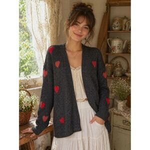 NWT!!‎ CELEBRATE TOGETHER Heart Cardigan Sweater Grey Pink Red Hearts Large
